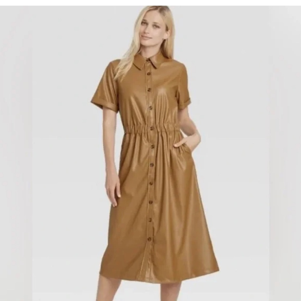 Vegan leather Who What Wear Yellow Buttoned Tie Front Midi Dress